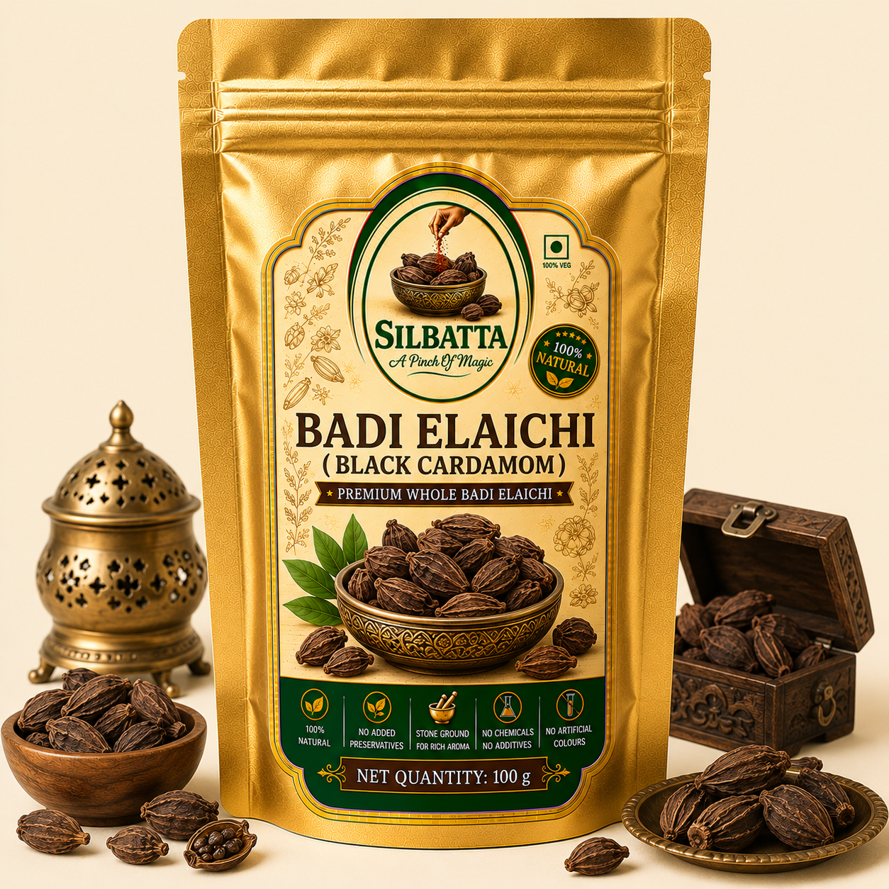 SILBATTA Badi Elaichi Black Cardamom 100g premium whole spice pack