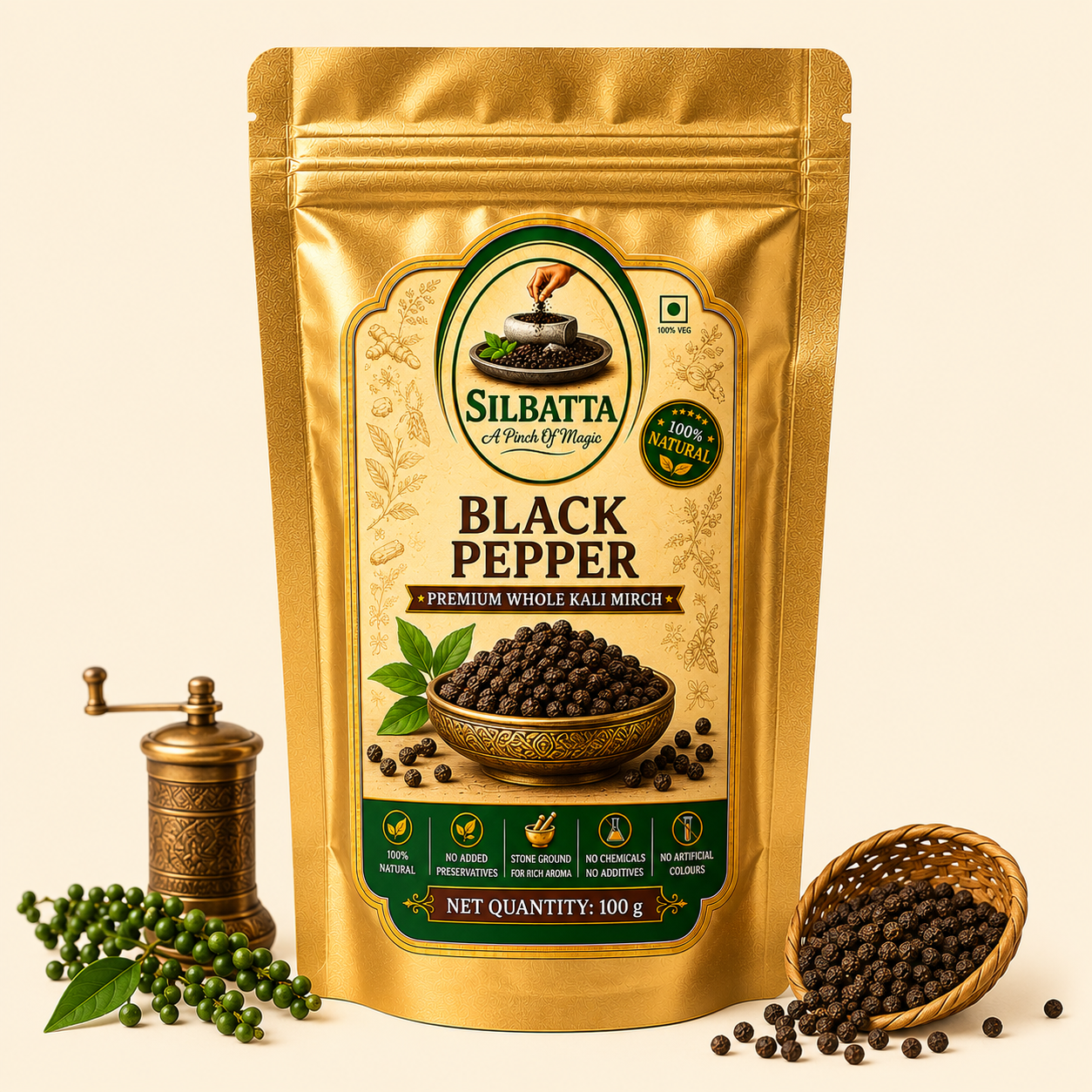 SILBATTA Black Pepper Kali Mirch 100g premium whole peppercorns pack