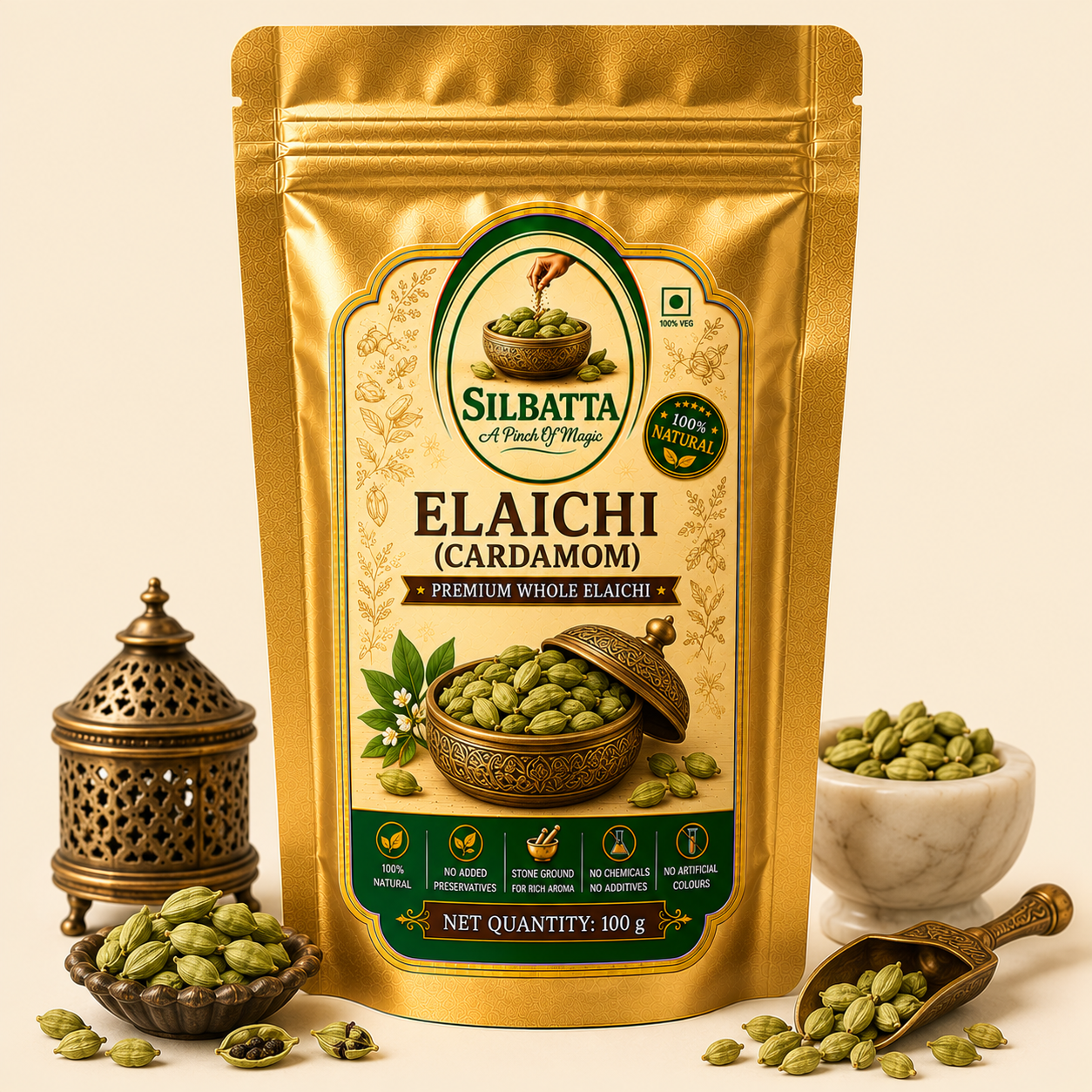 Elaichi (Green Cardamom) 100g | Premium Whole Cardamom | SILBATTA